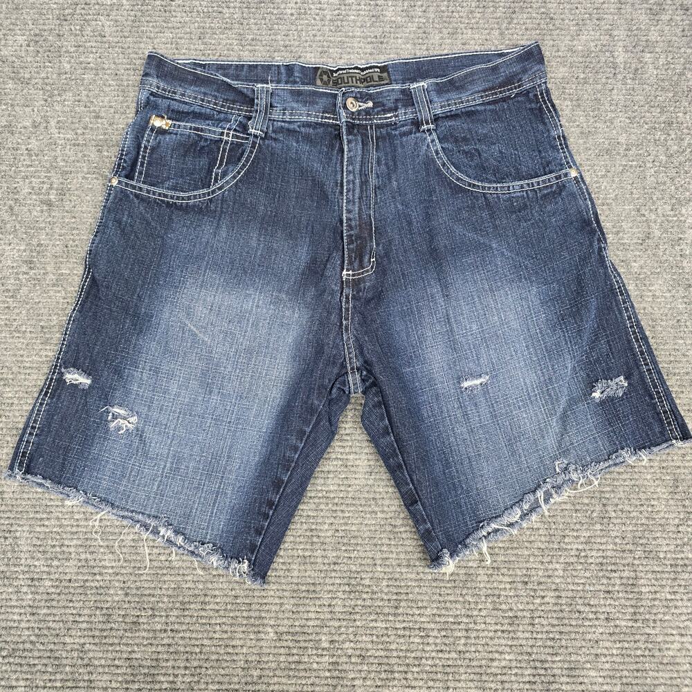 Southpole Denim Shorts Mens Tag 38 Actual 36 Blue Distressed Hem Baggy Y2K Jorts